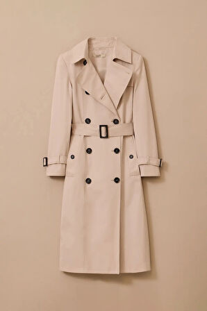 Kadın Kemerli Uzun Klasik Trençkot - Bej | 44