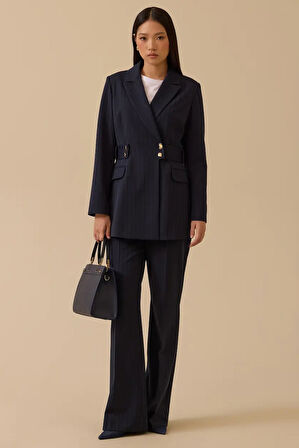 Kadın Çizgili İspanyol Paça Pantolon - Lacivert | 38