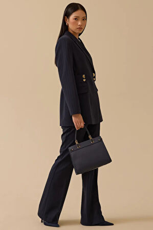 Kadın Çizgili İspanyol Paça Pantolon - Lacivert | 38