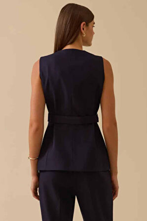 Kadın Kemerli Düğme Detaylı Yelek - Lacivert | 38