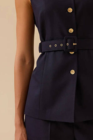 Kadın Kemerli Düğme Detaylı Yelek - Lacivert | 38