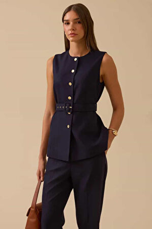 Kadın Kemerli Düğme Detaylı Yelek - Lacivert | 44