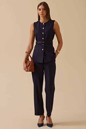 Kadın Kemerli Düğme Detaylı Yelek - Lacivert | 44