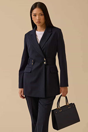 Kadın Çizgili Kruvaze Ceket - Lacivert | 42