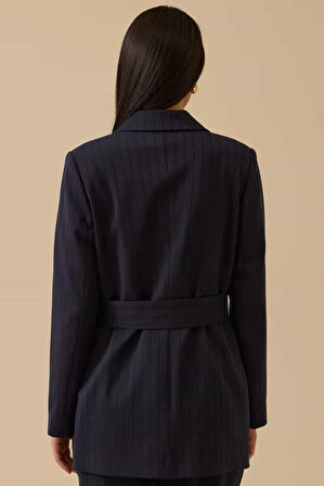 Kadın Çizgili Kruvaze Ceket - Lacivert | 42