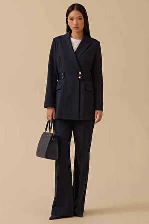 Kadın Çizgili Kruvaze Ceket - Lacivert | 42