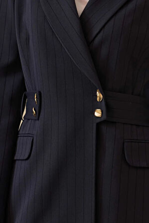 Kadın Çizgili Kruvaze Ceket - Lacivert | 42