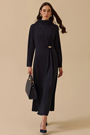 Kadın Dik Yaka Metal Aksesuarlı Drapeli Elbise - Lacivert | S