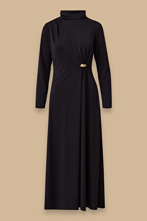 Kadın Dik Yaka Metal Aksesuarlı Drapeli Elbise - Lacivert | S