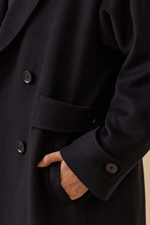 Kadın Kruvaze Oversize Kaşe Kaban - Lacivert | 42