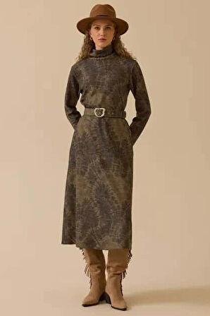 Kadın Kemerli Desenli Midi Elbise - Haki | XL