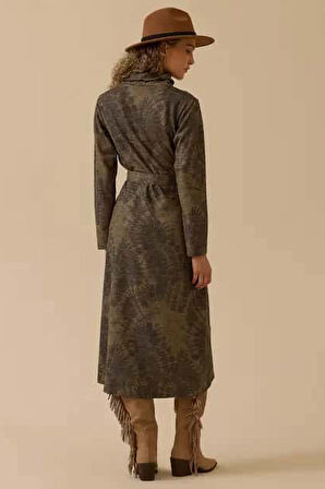 Kadın Kemerli Desenli Midi Elbise - Haki | XL