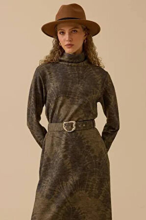 Kadın Kemerli Desenli Midi Elbise - Haki | XL