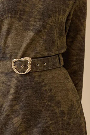 Kadın Kemerli Desenli Midi Elbise - Haki | XL