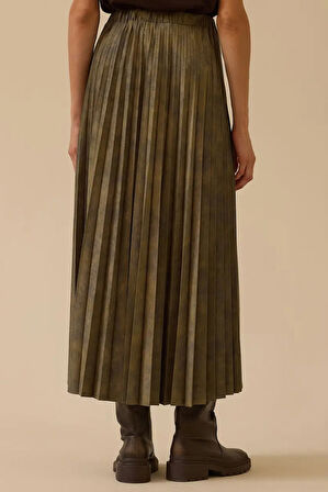 Kadın Desenli Pliseli Süet Etek - Haki | S