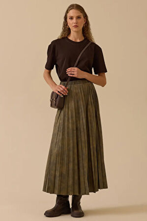 Kadın Desenli Pliseli Süet Etek - Haki | S