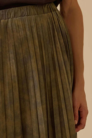 Kadın Desenli Pliseli Süet Etek - Haki | S