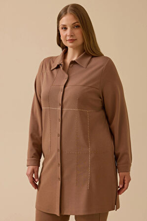 Galaxi Kadın Büyük Beden Dikiş Desenli Tunik 4013 Camel