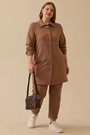 Galaxi Kadın Büyük Beden Dikiş Desenli Tunik 4013 Camel