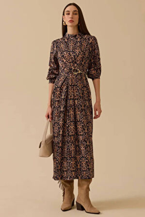 Kadın Desenli Zincir Detaylı Jakar Elbise - Camel | 44