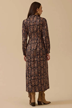 Kadın Desenli Zincir Detaylı Jakar Elbise - Camel | 44