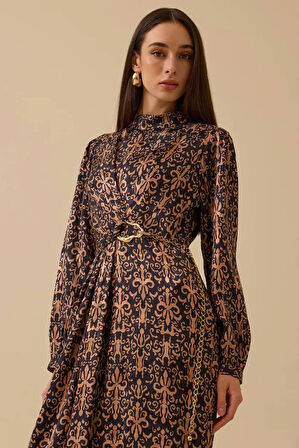 Kadın Desenli Zincir Detaylı Jakar Elbise - Camel | 44