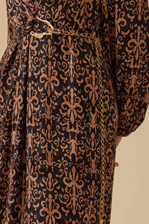 Kadın Desenli Zincir Detaylı Jakar Elbise - Camel | 44