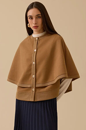 Kadın Katmanlı Kaşe Panço - Camel | STD