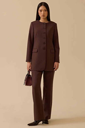 Kadın Yuvarlak Yaka Düğmeli Uzun Ceket - Kahverengi | 38