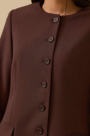 Kadın Yuvarlak Yaka Düğmeli Uzun Ceket - Kahverengi | 38