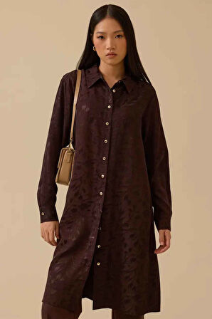 Kadın Desenli Uzun Jakar Tunik - Kahverengi | 40