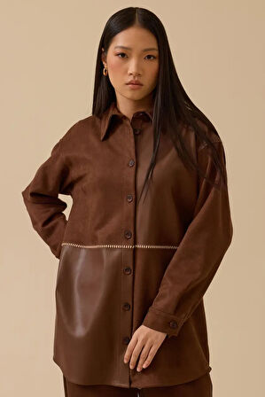 Kadın Suni Deri Detaylı Süet Gömlek - Kahverengi | 40