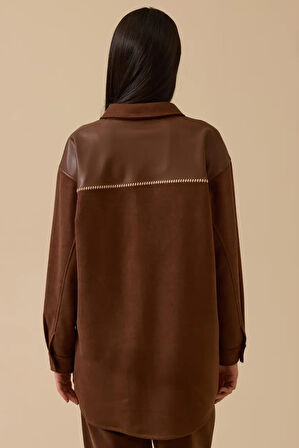 Kadın Suni Deri Detaylı Süet Gömlek - Kahverengi | 40