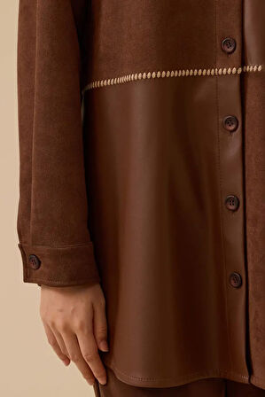 Kadın Suni Deri Detaylı Süet Gömlek - Kahverengi | 40