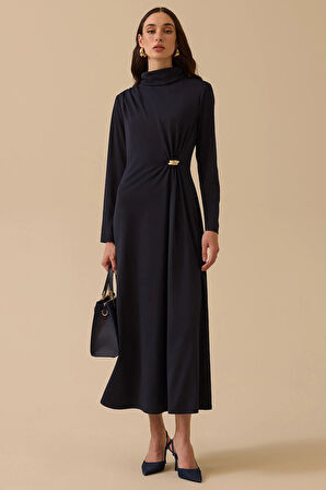 Seçil Kadın Metal Aksesuarlı Drapeli Elbise 1025 Lacivert