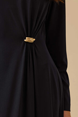 Seçil Kadın Metal Aksesuarlı Drapeli Elbise 1025 Lacivert