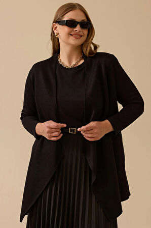 Galaxi Kadın Büyük Beden Asimetrik Kesim Triko Hırka 4004 Siyah