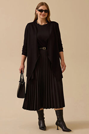 Galaxi Kadın Büyük Beden Asimetrik Kesim Triko Hırka 4004 Siyah