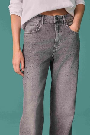 Seçil Kadın Taş Detaylı İspanyol Paça Denim Pantolon Gri