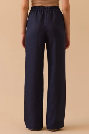 Seçil Kadın Beli Lastik Detaylı Rahat Kesim Keten Pantolon 0054 Lacivert