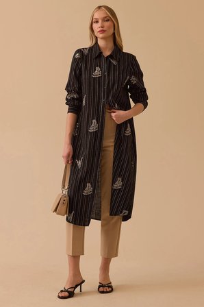 Seçil Kadın Çizgili İşlemeli Motif Detaylı Uzun Tunik 1048 Siyah