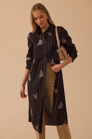 Seçil Kadın Çizgili İşlemeli Motif Detaylı Uzun Tunik 1048 Siyah