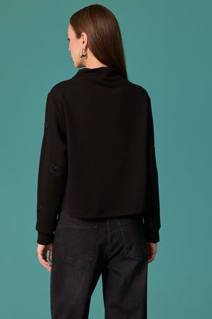 Seçil Kadın İnci Çiçek Detaylı Dik Yaka Sweatshirt Siyah