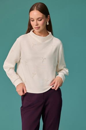 Seçil Kadın İnci Çiçek Detaylı Dik Yaka Sweatshirt Ekru