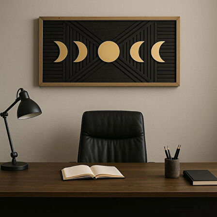 Ay Döngüsü Dekoratif Duvar Tablosu – Ahşap Çerçeveli, Modern Minimal Tasarım, Salon & Ofis Uyumlu