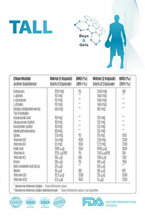 Tall (ERKEK & KIZ - GİRLS & BOYS) Boy Uzamasına, Kemik Ve Kıkırdak Büyümesine Destek Takviye