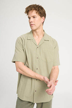 Relaxed Fit Geniş Kesim Kısa Kollu %100 Pamuk Yeşil Gömlek