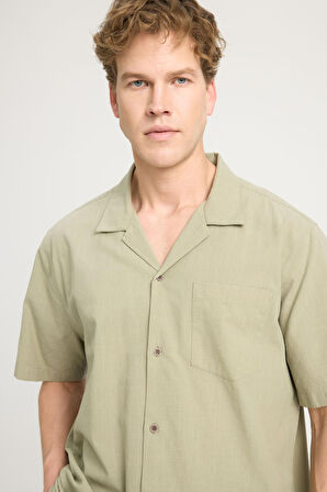 Relaxed Fit Geniş Kesim Kısa Kollu %100 Pamuk Yeşil Gömlek