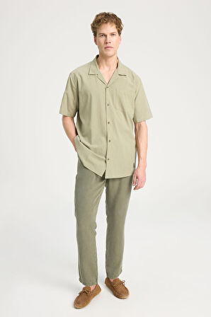 Relaxed Fit Geniş Kesim Kısa Kollu %100 Pamuk Yeşil Gömlek