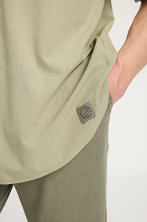 Relaxed Fit Geniş Kesim Kısa Kollu %100 Pamuk Yeşil Gömlek